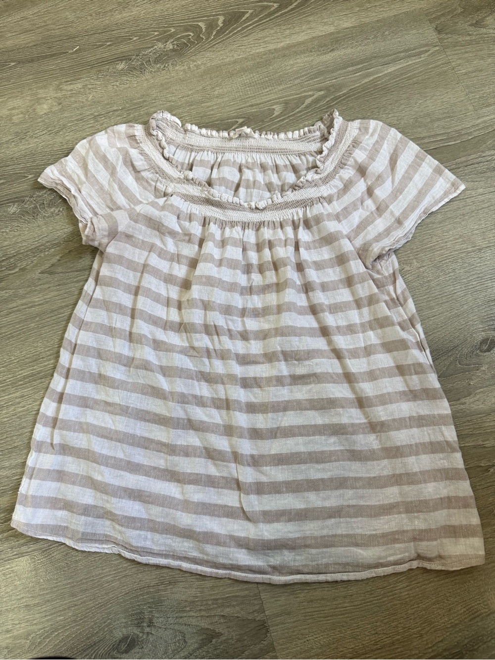 beachlunchlounge linen blend Beige & White Striped Short Sleeve Top